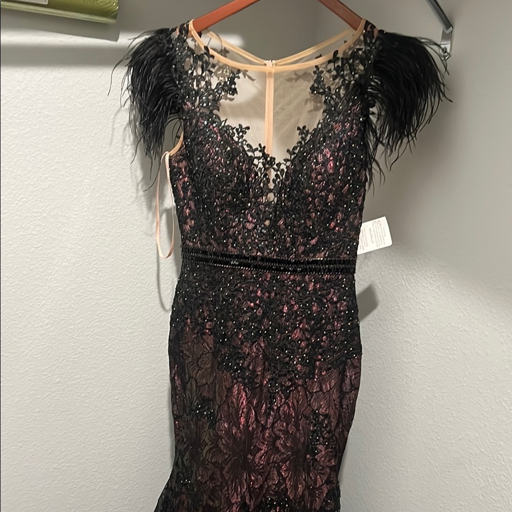 Mac Duggal Black and tan/pink  Sheath Dress with Plunge Neckline